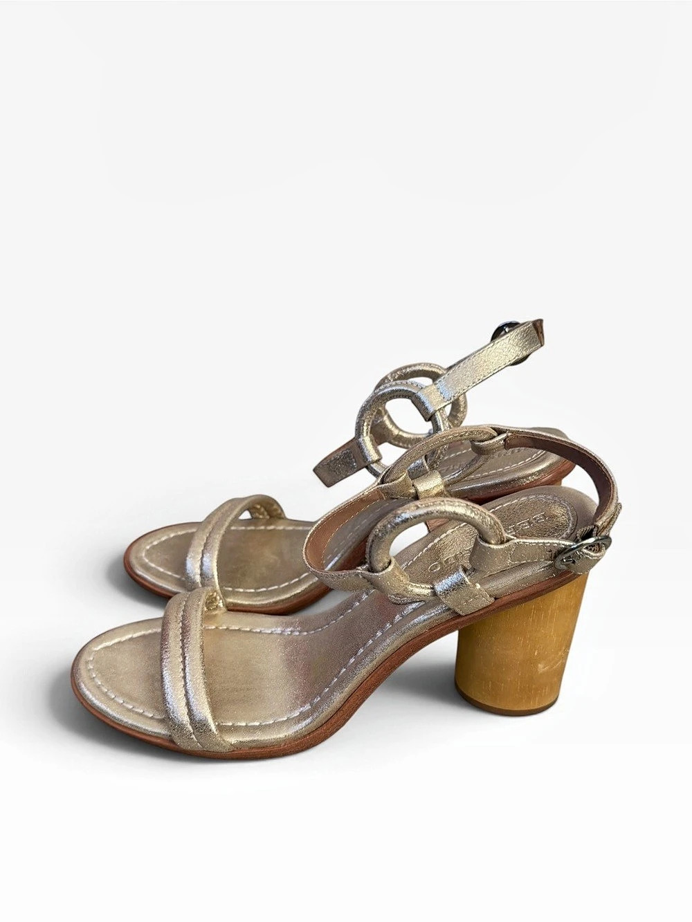 Bernardo Anthropologie Harlow Heeled Sandal Wood Block Gold Leather 9.5 Formal - Picture 3 of 11